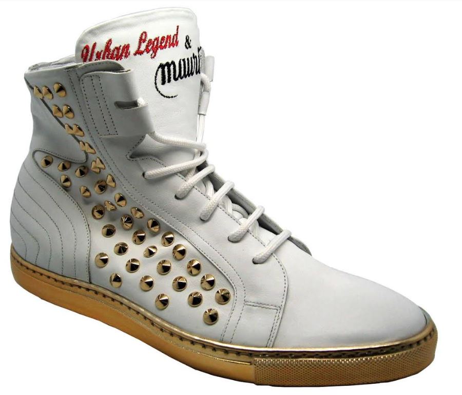 Mauri White / Gold Genuine Leather Metal Studs Sneakers.